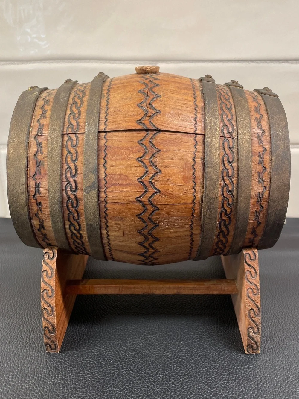 Old Miniature Wooden Tequila Barrel With Spout and Stand
